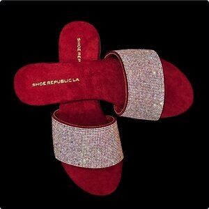 Womens Wine Rhinestone Flat Slide Sandals